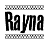 The clipart image displays the text Rayna in a bold, stylized font. It is enclosed in a rectangular border with a checkerboard pattern running below and above the text, similar to a finish line in racing. 