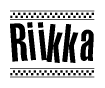 The image is a black and white clipart of the text Riikka in a bold, italicized font. The text is bordered by a dotted line on the top and bottom, and there are checkered flags positioned at both ends of the text, usually associated with racing or finishing lines.