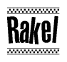 The clipart image displays the text Rakel in a bold, stylized font. It is enclosed in a rectangular border with a checkerboard pattern running below and above the text, similar to a finish line in racing. 