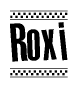 The image is a black and white clipart of the text Roxi in a bold, italicized font. The text is bordered by a dotted line on the top and bottom, and there are checkered flags positioned at both ends of the text, usually associated with racing or finishing lines.