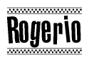 The image contains the text Rogerio in a bold, stylized font, with a checkered flag pattern bordering the top and bottom of the text.