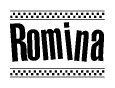 The clipart image displays the text Romina in a bold, stylized font. It is enclosed in a rectangular border with a checkerboard pattern running below and above the text, similar to a finish line in racing. 