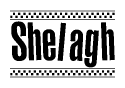 The image is a black and white clipart of the text Shelagh in a bold, italicized font. The text is bordered by a dotted line on the top and bottom, and there are checkered flags positioned at both ends of the text, usually associated with racing or finishing lines.