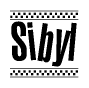 The image contains the text Sibyl in a bold, stylized font, with a checkered flag pattern bordering the top and bottom of the text.