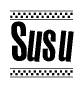 The image is a black and white clipart of the text Susu in a bold, italicized font. The text is bordered by a dotted line on the top and bottom, and there are checkered flags positioned at both ends of the text, usually associated with racing or finishing lines.