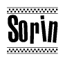 The clipart image displays the text Sorin in a bold, stylized font. It is enclosed in a rectangular border with a checkerboard pattern running below and above the text, similar to a finish line in racing. 