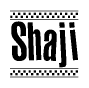 The clipart image displays the text Shaji in a bold, stylized font. It is enclosed in a rectangular border with a checkerboard pattern running below and above the text, similar to a finish line in racing. 