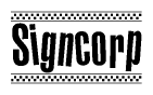 The image is a black and white clipart of the text Signcorp in a bold, italicized font. The text is bordered by a dotted line on the top and bottom, and there are checkered flags positioned at both ends of the text, usually associated with racing or finishing lines.