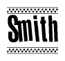 The image contains the text Smith in a bold, stylized font, with a checkered flag pattern bordering the top and bottom of the text.