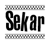 The image contains the text Sekar in a bold, stylized font, with a checkered flag pattern bordering the top and bottom of the text.