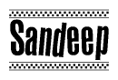 The image is a black and white clipart of the text Sandeep in a bold, italicized font. The text is bordered by a dotted line on the top and bottom, and there are checkered flags positioned at both ends of the text, usually associated with racing or finishing lines.