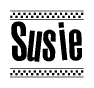 The clipart image displays the text Susie in a bold, stylized font. It is enclosed in a rectangular border with a checkerboard pattern running below and above the text, similar to a finish line in racing. 