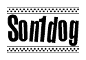 The clipart image displays the text Son1dog in a bold, stylized font. It is enclosed in a rectangular border with a checkerboard pattern running below and above the text, similar to a finish line in racing. 