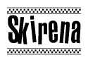   The image is a black and white clipart of the text Skirena in a bold, italicized font. The text is bordered by a dotted line on the top and bottom, and there are checkered flags positioned at both ends of the text, usually associated with racing or finishing lines. 