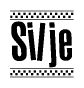 The image is a black and white clipart of the text Silje in a bold, italicized font. The text is bordered by a dotted line on the top and bottom, and there are checkered flags positioned at both ends of the text, usually associated with racing or finishing lines.