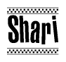 The image contains the text Shari in a bold, stylized font, with a checkered flag pattern bordering the top and bottom of the text.