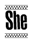 The image contains the text She in a bold, stylized font, with a checkered flag pattern bordering the top and bottom of the text.