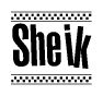 The image is a black and white clipart of the text Sheik in a bold, italicized font. The text is bordered by a dotted line on the top and bottom, and there are checkered flags positioned at both ends of the text, usually associated with racing or finishing lines.