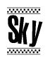 The image is a black and white clipart of the text Sky in a bold, italicized font. The text is bordered by a dotted line on the top and bottom, and there are checkered flags positioned at both ends of the text, usually associated with racing or finishing lines.