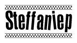 The image is a black and white clipart of the text Steffaniep in a bold, italicized font. The text is bordered by a dotted line on the top and bottom, and there are checkered flags positioned at both ends of the text, usually associated with racing or finishing lines.