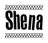 The clipart image displays the text Shena in a bold, stylized font. It is enclosed in a rectangular border with a checkerboard pattern running below and above the text, similar to a finish line in racing. 
