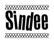The clipart image displays the text Sindee in a bold, stylized font. It is enclosed in a rectangular border with a checkerboard pattern running below and above the text, similar to a finish line in racing. 