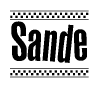 The image is a black and white clipart of the text Sande in a bold, italicized font. The text is bordered by a dotted line on the top and bottom, and there are checkered flags positioned at both ends of the text, usually associated with racing or finishing lines.