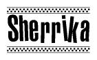 The image contains the text Sherrika in a bold, stylized font, with a checkered flag pattern bordering the top and bottom of the text.