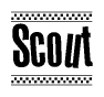 The image contains the text Scout in a bold, stylized font, with a checkered flag pattern bordering the top and bottom of the text.