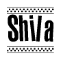 The image is a black and white clipart of the text Shila in a bold, italicized font. The text is bordered by a dotted line on the top and bottom, and there are checkered flags positioned at both ends of the text, usually associated with racing or finishing lines.