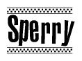 The image is a black and white clipart of the text Sperry in a bold, italicized font. The text is bordered by a dotted line on the top and bottom, and there are checkered flags positioned at both ends of the text, usually associated with racing or finishing lines.
