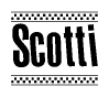 The clipart image displays the text Scotti in a bold, stylized font. It is enclosed in a rectangular border with a checkerboard pattern running below and above the text, similar to a finish line in racing. 