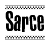 The clipart image displays the text Sarce in a bold, stylized font. It is enclosed in a rectangular border with a checkerboard pattern running below and above the text, similar to a finish line in racing. 