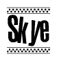 The image is a black and white clipart of the text Skye in a bold, italicized font. The text is bordered by a dotted line on the top and bottom, and there are checkered flags positioned at both ends of the text, usually associated with racing or finishing lines.