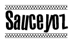 The image contains the text Sauceyoz in a bold, stylized font, with a checkered flag pattern bordering the top and bottom of the text.