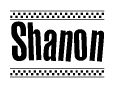 The image contains the text Shanon in a bold, stylized font, with a checkered flag pattern bordering the top and bottom of the text.
