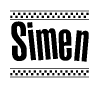The clipart image displays the text Simen in a bold, stylized font. It is enclosed in a rectangular border with a checkerboard pattern running below and above the text, similar to a finish line in racing. 