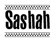 The image contains the text Sashah in a bold, stylized font, with a checkered flag pattern bordering the top and bottom of the text.