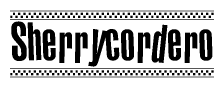 The image is a black and white clipart of the text Sherrycordero in a bold, italicized font. The text is bordered by a dotted line on the top and bottom, and there are checkered flags positioned at both ends of the text, usually associated with racing or finishing lines.