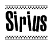 The image contains the text Sirius in a bold, stylized font, with a checkered flag pattern bordering the top and bottom of the text.