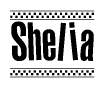 The clipart image displays the text Shelia in a bold, stylized font. It is enclosed in a rectangular border with a checkerboard pattern running below and above the text, similar to a finish line in racing. 