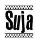 The clipart image displays the text Suja in a bold, stylized font. It is enclosed in a rectangular border with a checkerboard pattern running below and above the text, similar to a finish line in racing. 