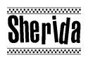 The image is a black and white clipart of the text Sherida in a bold, italicized font. The text is bordered by a dotted line on the top and bottom, and there are checkered flags positioned at both ends of the text, usually associated with racing or finishing lines.
