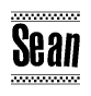 The image is a black and white clipart of the text Sean in a bold, italicized font. The text is bordered by a dotted line on the top and bottom, and there are checkered flags positioned at both ends of the text, usually associated with racing or finishing lines.