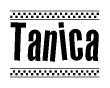 The image is a black and white clipart of the text Tanica in a bold, italicized font. The text is bordered by a dotted line on the top and bottom, and there are checkered flags positioned at both ends of the text, usually associated with racing or finishing lines.