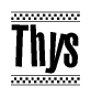 The image contains the text Thys in a bold, stylized font, with a checkered flag pattern bordering the top and bottom of the text.
