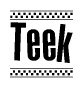 The clipart image displays the text Teek in a bold, stylized font. It is enclosed in a rectangular border with a checkerboard pattern running below and above the text, similar to a finish line in racing. 