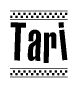 The clipart image displays the text Tari in a bold, stylized font. It is enclosed in a rectangular border with a checkerboard pattern running below and above the text, similar to a finish line in racing. 
