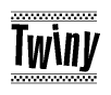 The image is a black and white clipart of the text Twiny in a bold, italicized font. The text is bordered by a dotted line on the top and bottom, and there are checkered flags positioned at both ends of the text, usually associated with racing or finishing lines.