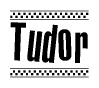 The clipart image displays the text Tudor in a bold, stylized font. It is enclosed in a rectangular border with a checkerboard pattern running below and above the text, similar to a finish line in racing. 